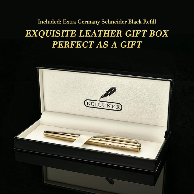 BEILUNER Luxury Personalized Gold Rollerball Pen, Stunning 24K Gold Finish, Noble and Elegant Designs,Schneider Refill, Fancy Gift Set for Men & Women, Executive Writing, Office, Nice Graduation Gift