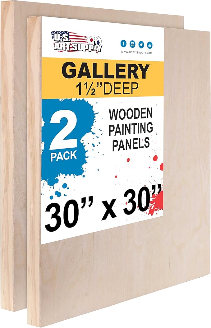 U.S. Art Supply Unfinished Cradled Wood Panels for Painting, 2 Pack of 30x30 inch - Gallery Birch Wooden Canvas Boards 1-1/2" Deep - Mixed-Media Craft, Acrylic, Oil, Encaustic, Paint Pouring