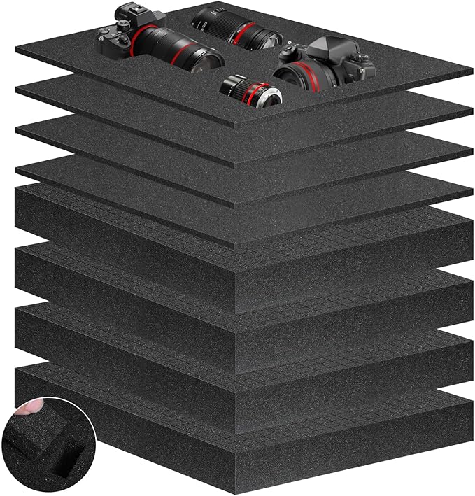 Eunice 4Pcs 12 x 12 x 0.4 Inch Polyurethane Foam Sheets & 4Pcs 12 x 12 x 2 Inch Cuttable Foam Inserts for Cases, Packing Foam Pads for Tool Box, Camera Storage and Crafts