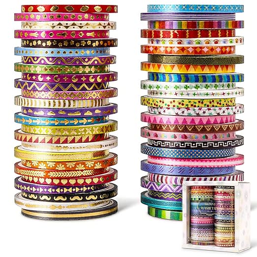 emmoolife 50 Rolls Skinny Washi Tape Set 3mm Wide, Gold Foil Print Masking Thin Basic Patterns Decorative Tapes for Scrapbooking, Junk Journal Supplies, Bullet Journaling, Craft Tape for Women Girl