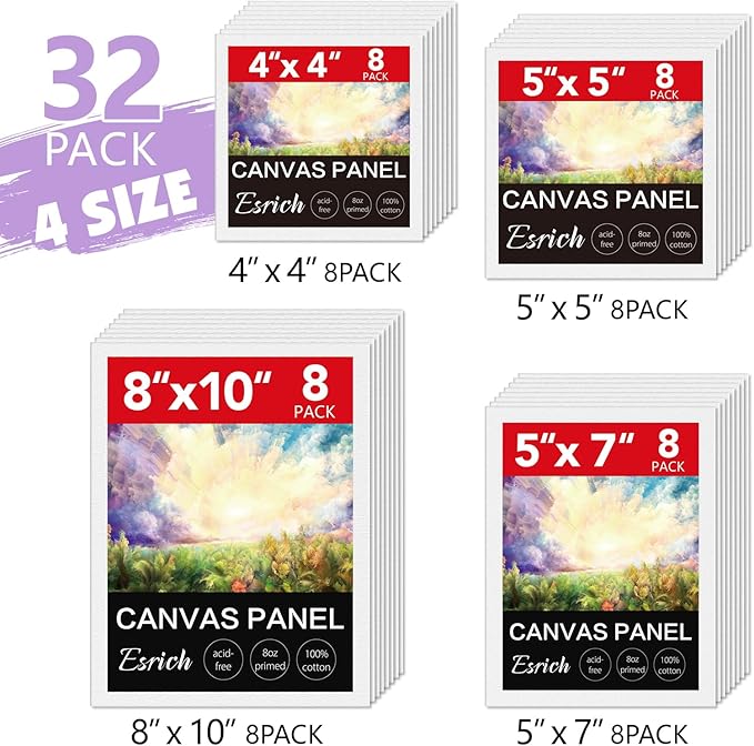 ESRICH Canvas for Painting, 32 Pack Multi-Size Canvas Boards for Painting 8pcs of Each 4x4, 5x5, 5x7, 8x10 Blank Canvases-Cotton Primed Painting Canvas Panels for Adult & Kids for Acrylic Oil Paint