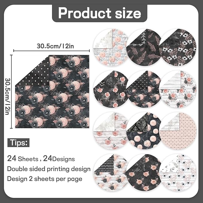 Scrapbook Paper 12x12 inch, 24 Sheets DIY Origami Decorative Craft, Double sided printing, Photo Album Decor Wooden-free Paper for Gift Wrapping Card Making Collage Album Decorative (Black)
