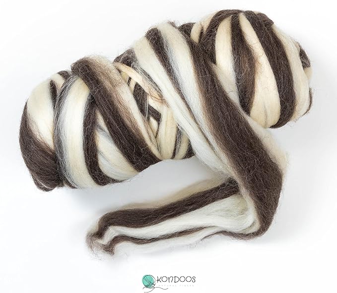 Natural Wool Bulk roving, 1 lb. Best Wool for Spinning, arm Knitting, Felting, Chunky Blankets and Tapestry. Natural Colors, un-Dyed. (Zebra(Ecru/Mocha), 1 lb)