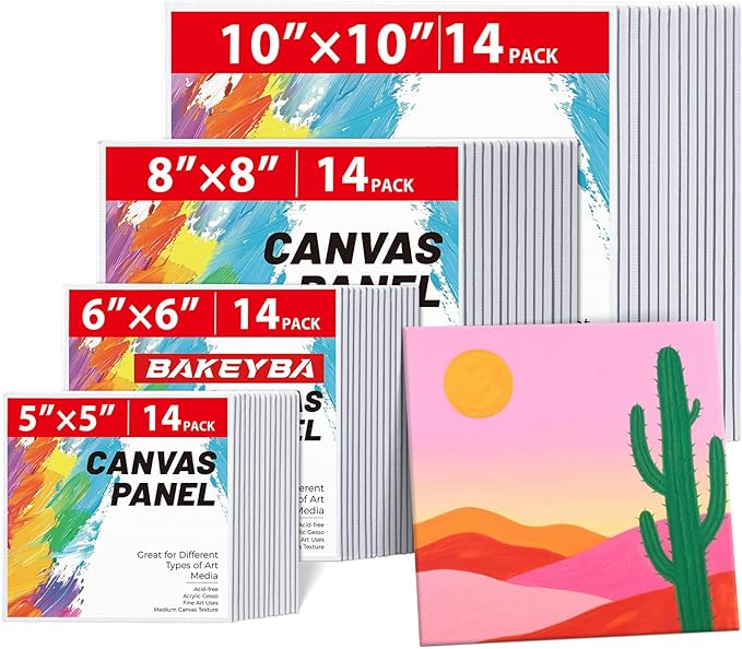 Small Canvas Boards for Kids Painting 56Pcs of 5x5, 6x6, 8x8, 10x10 inch Flat Square Canvas Panels, 100% Cotton White Acrylic Watercolor Paint