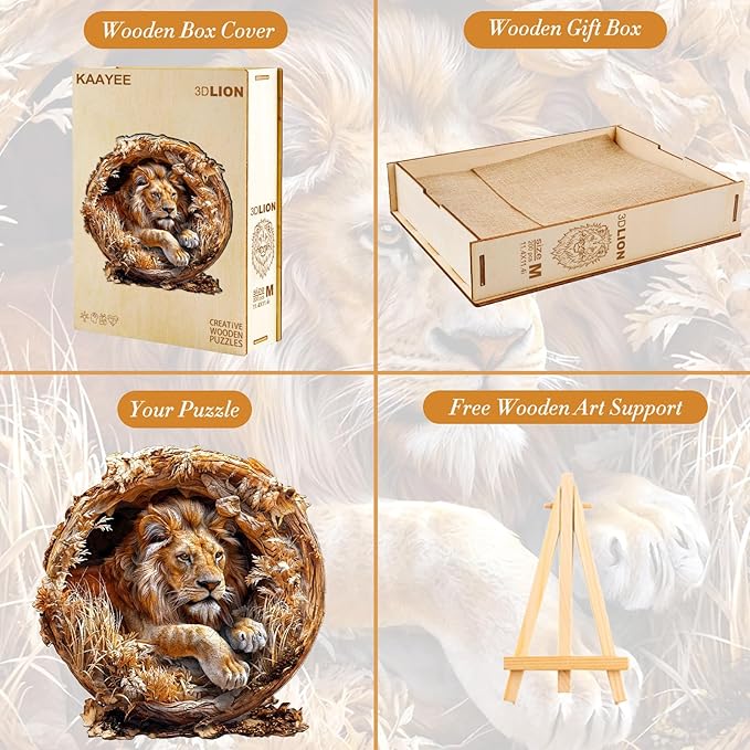 KAAYEE Wooden Puzzles for Adults, 3D Vision Effect Lion King Wooden Jigsaw Puzzles Flat 100 PCS Unique Shape Advanced Wood Puzzle Adult, Birthday Fathers Family Game (S-8.5 * 8.5 in)