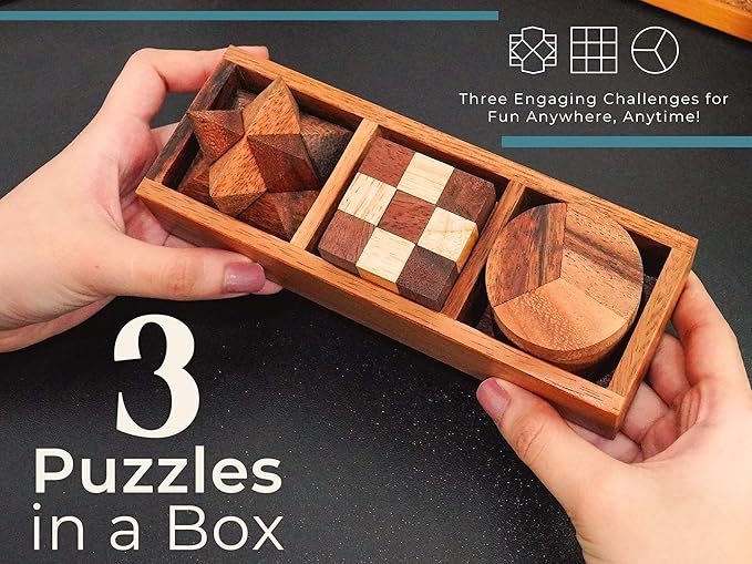 BSIRI 3-in-One Puzzle Set - Challenging Brain Teasers and 3D Puzzles for Adults, Interlocking Games for IQ Test, Ideal for Patio Decor and Unique Gift for Chismas and Birthday, Small size