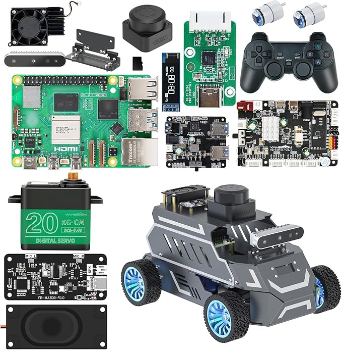 Yahboom Raspberry Pi 5 8GB for AI Robot Car,Supports RVIZ Simulation ROS2,TOF Lidar,SLAM Mapping Navigation, Tracking and Obstacle Avoidance (Ultimate Ver with Pi5-8GB)