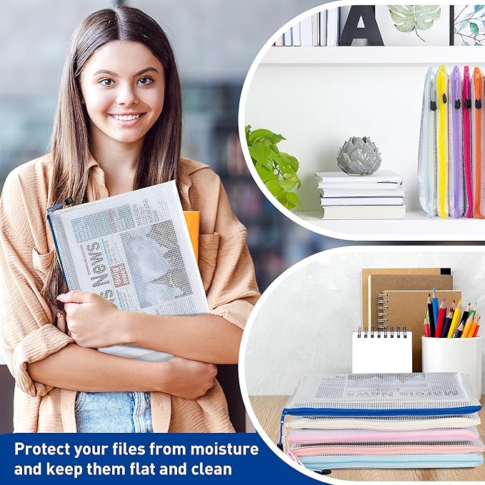 9pcs A4 Mesh Zipper Pouch Bags, 9 Colors, PVC Material, Reusable, Transparent, Zip Closure, Perfect for Toy Storage, Office Organization