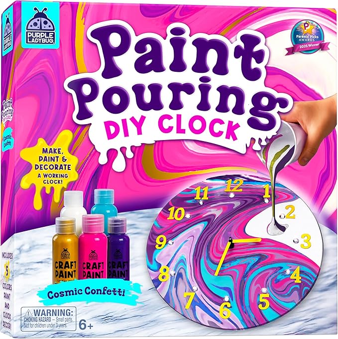 Acrylic Pouring Paint DIY Clock Kit - Creative Kids Painting Kit - 6 7 8 9 10 11 12 Year Old Girl Gift Ideas, Birthday & Christmas Gifts for 6-12 Year Old Boys & Girls - Crafts for Kids 6-8 8-12