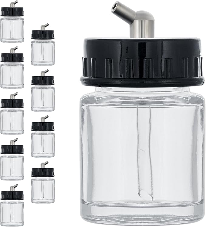Master Airbrush (Pack of 10) TB-003 Empty 3/4 Ounce (22cc) Glass Jar Bottles with 60° Down Angle Adaptor Lid Assembly - Fits Single-Action Siphon Feed Airbrushes, Use with Master Badger Paasche, Iwata