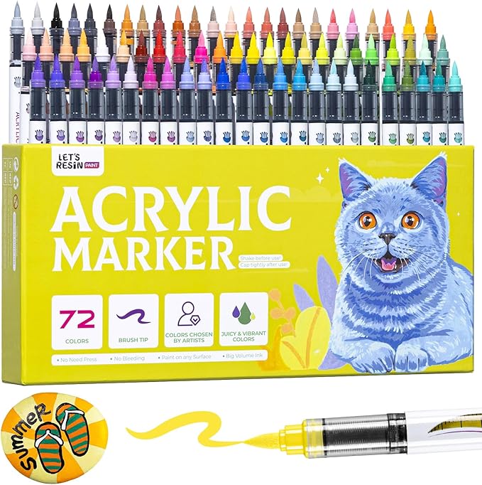LET'S RESIN PAINT Acrylic Paint Markers Brush Tip 72 Colors,Automatic Ink Control Acrylic Paint Pens,No Bleed & Good Coverage Acrylic Markers for Coloring Books,Rock Painting,Canvas,Ceramic,Wood