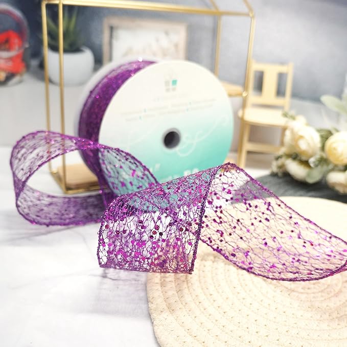 CT CRAFT LLC Sparkling Glitter Mesh Wired Ribbon 2.5" x 20 Yards Purple for Christmas Home Decor Bow Gift Wrapping DIY Crafts Wreath