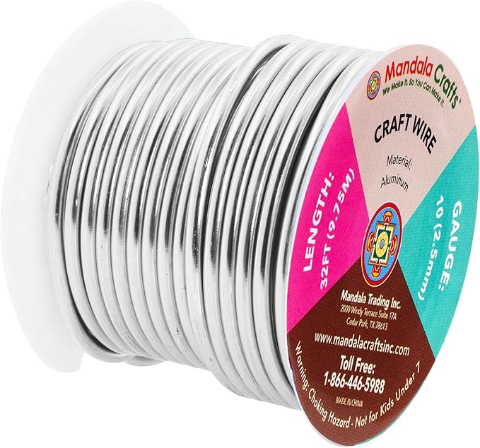 Mandala Crafts 10 Gauge Anodized Aluminum Craft Wire for Jewelry Making - 32 FT Colored Flexible Silver Wire - Bendable for Bonsai Armature Crafting Sculpting