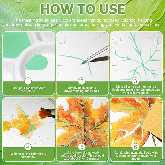 WANJAO Masking Fluid for Watercolor Painting, Liquid Masking Tape with Silicone Pens Cleaning Brush for Painting Fast Drying Easy Peel Use to Art Watercolor Supplies Retouching Covering, 30ml Green