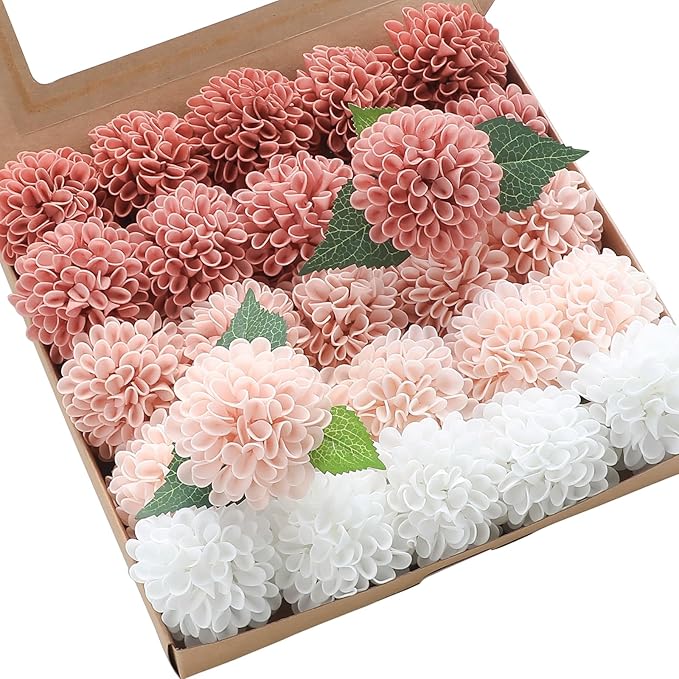 Floroom Artificial Dahlia Flowers 25pcs Real Looking Dusty Rose Shades Foam Fake Roses with Stems for DIY Wedding Bouquets Bridal Shower Centerpieces Floral Arrangements Party Tables Home Decoration