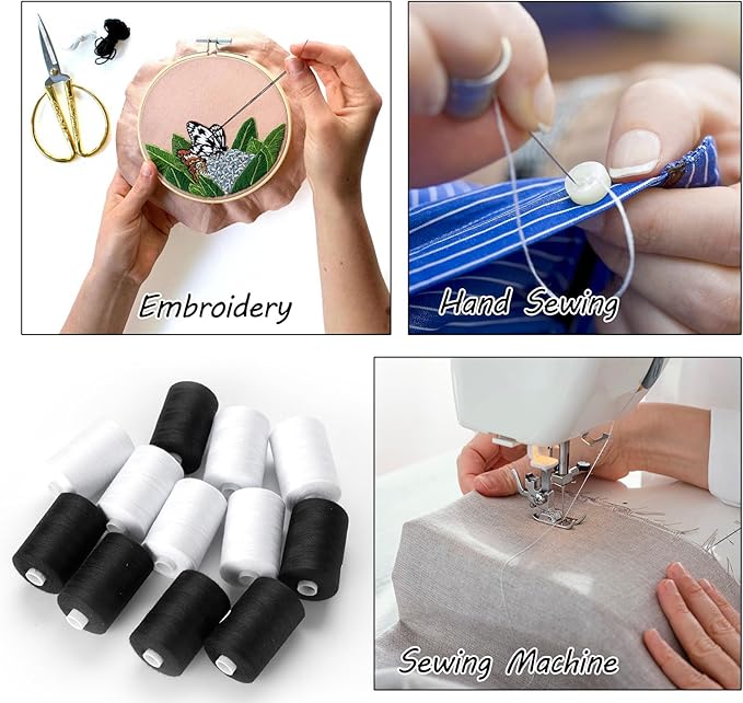 ilauke Sewing Thread, 12 Spool All Purpose Polyester Thread, Each 1000 Yards Sewing Thread for Hand Sewing,Quilting,Sewing Machine, 2 x White & 2 x Black