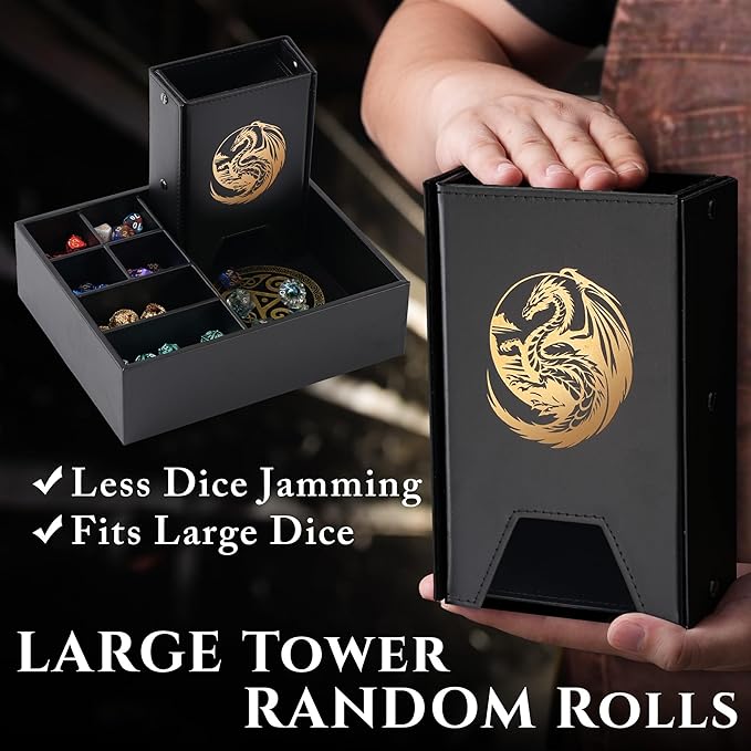 Dice Tray and Dice Tower for DND: All-in-One Tray, Storage & Large Tower for Random Rolls - Stores Your Sets, Mini's etc, Perfect for D&D and RPG Gift Accessories (Gold Dragon)