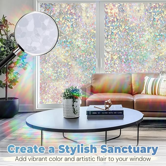 DOWELL Window Privacy Film Rainbow Film, Stained Glass Decorative Sticker, Static Cling Non-Adhesive Glass Clings, Sun Blocking Heat Control Window Coverings for Home Door, 35.4" x 118.1"