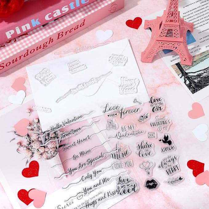 Whaline 4 Sheet Valentine's Day Words Clear Stamps Love Heart Silicone Transparent Stamps Border Stamp Cards for DIY Craft Card Making Scrapbooking Embossing Album Decor