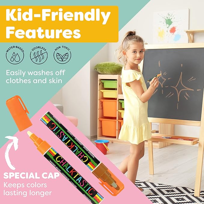 Chalkboard Markers Set of 8 Washable, Erasable Chalk Ink Dry Erase Pens for School, Chalkboard Menu Board & Glass Car Window - Neon, Pastel, White Chalk Pens - Gifts for Artists