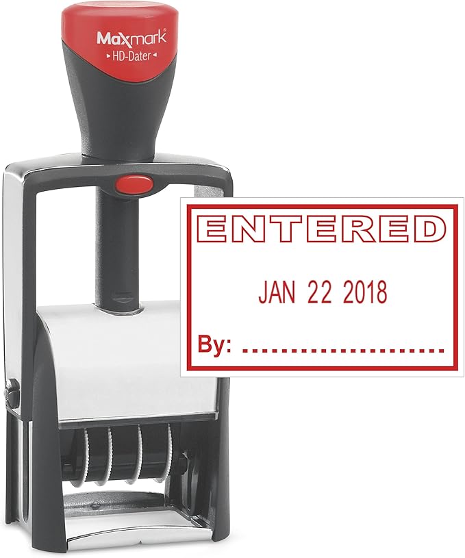 MaxMark Heavy Duty Self Inking Date Stamp with Phrase Entered - Red Ink