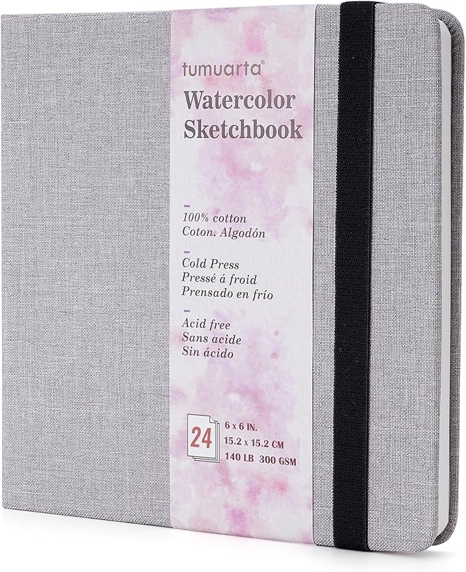 tumuarta Square Watercolor Sketchbook, 6x6, 140 LB, 300GSM, 100% Cotton Paper, Cold Press, 24 Sheets,48 Pages, Watercolor Journal for Use As Plein Air Sketch Book and Mixed Media Pad On The Go.