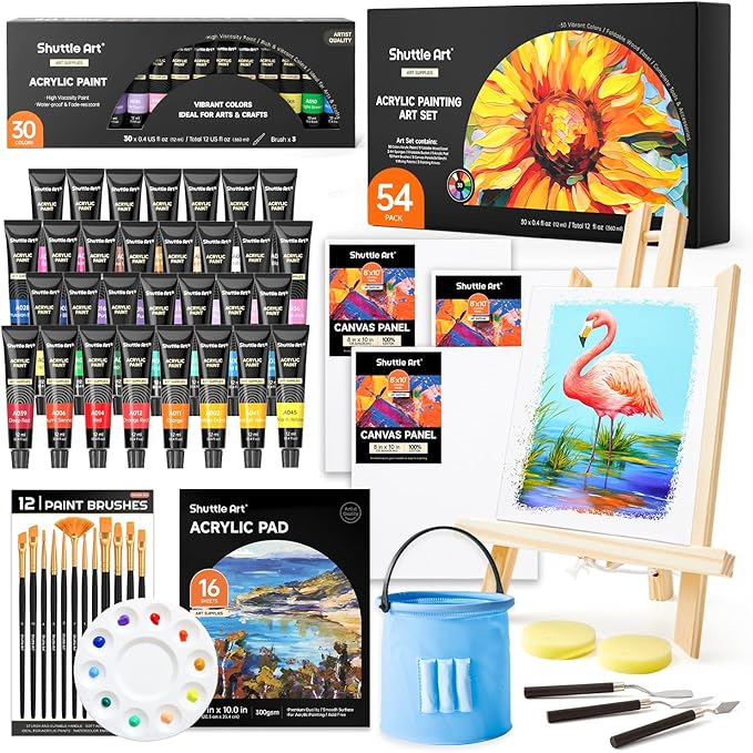 Shuttle Art 54 Pack Acrylic Paint Set, Acrylic Painting Set with 30 Colors Acrylic Paint, Wooden Easel, Painting Canvas, Paint Brushes, Palette, Art Painting Supplies for Kids Adults Beginner Artists