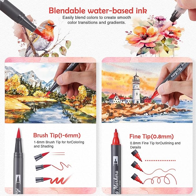 24 Colors Blendable Watercolor Markers 2025 Upgrade Double Tip Paint Pens with 1 Water Brush Pen Water Based Coloring Pens Drawing Markers Set with Flexible Brush Tip for Artists and Beginners