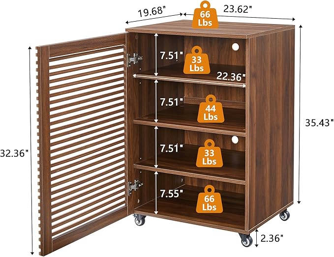 LEVNARY 5-Tier AV Media Cabinet with Grille Door & Adjustable Shelves, Modern Wooden Stereo Rack with Cable Management & Wheels, Audio Video Stand for Living Gaming Room Recording Studio (Walnut)