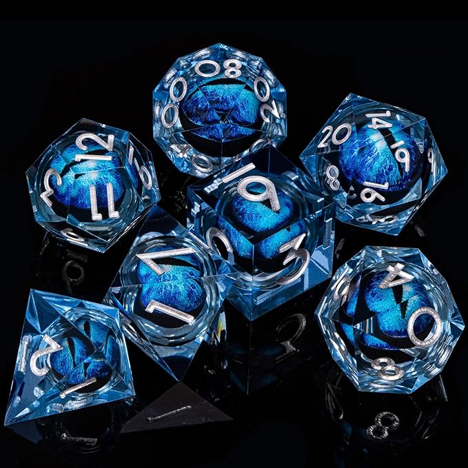 ARUOHHA DND Resin Dice Dragon Eye Dice Liquid Core Blue Sharp Edged Dice Set with Gift Box, Dungeons Polyhedral D and D Dice Set Compatible with D&D Role Playing Game D20 D12 D10 D8 D6 D4