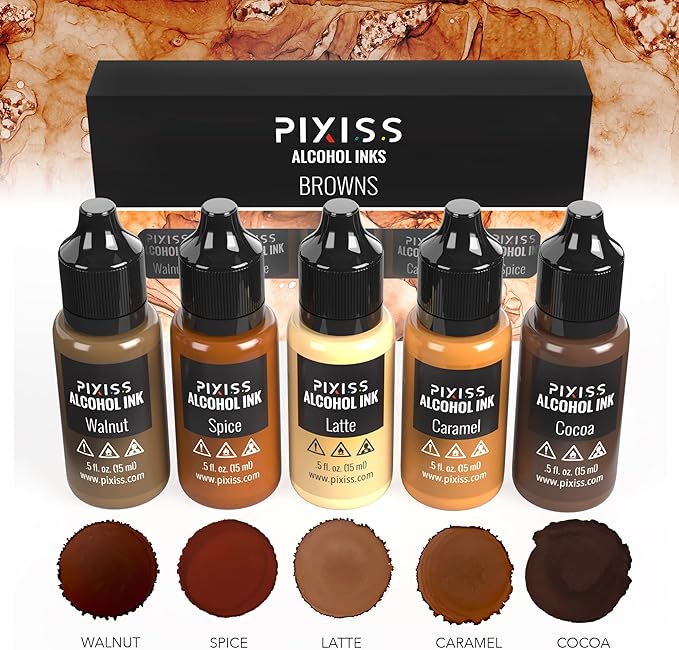 Pixiss Brown Alcohol Ink Set - 5 Shades of Highly Saturated Alcohol Ink for Epoxy Resin Supplies, Yupo Paper, Tumblers, Coasters - Resin Colorant for Epoxy Resin and Resin Art Supplies