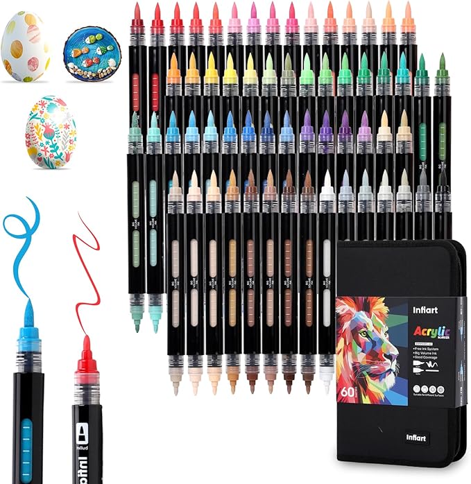 60 Colors Dual Tip Acrylic Paint Markers Automatic Ink Control Acrylic Paint Pens, Fine & Brush Tip Acrylic Markers Set for Rock Painting, Stone, Wood, Canvas, DIY & Art Supplies
