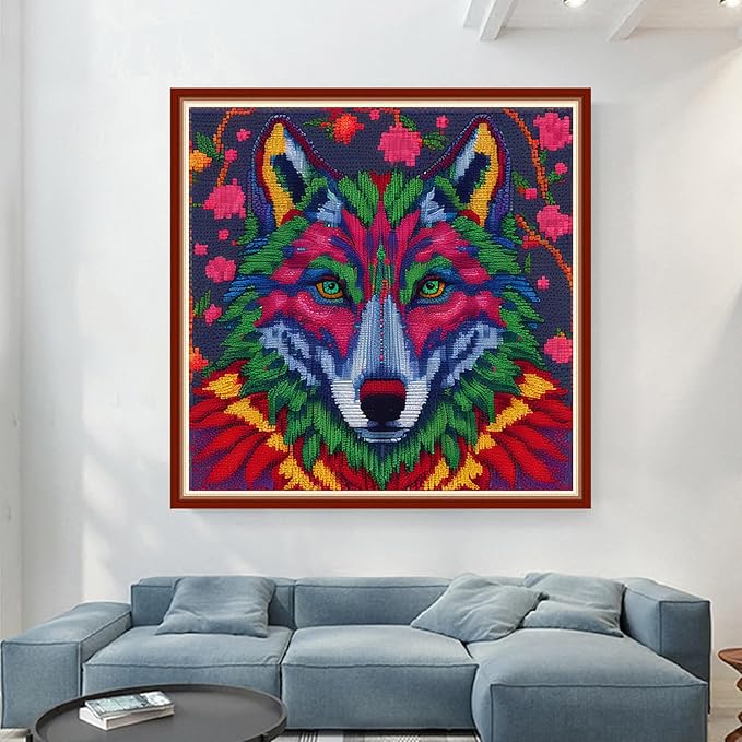 Dimensean Stamped Cross Stitch Kits Full Range of Embroidery Patterns Starter Kits for Beginners Adult or Kids DIY Cross Stitches Needlepoint Kits 11CT-Magic Wolf 17.7x17.7 inch