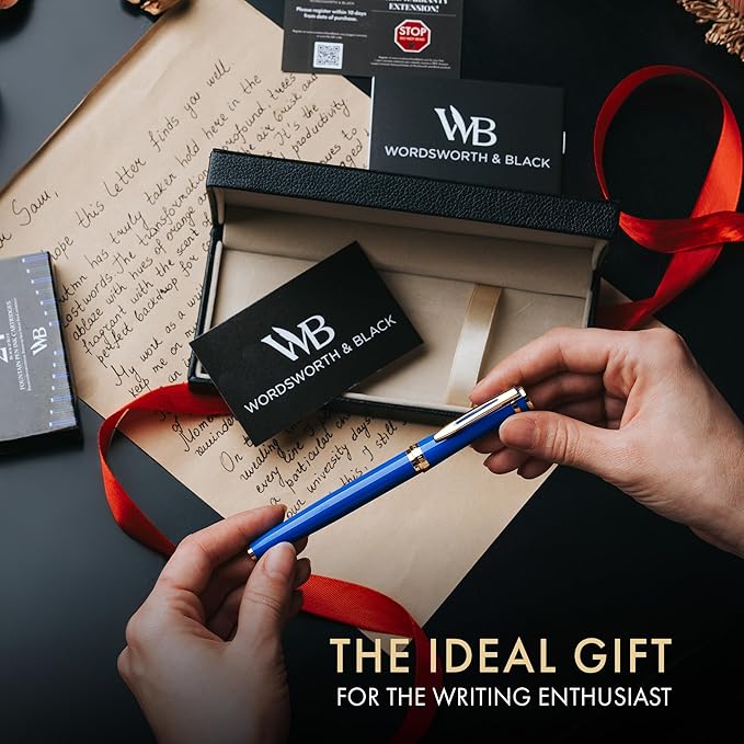 Wordsworth & Black Fountain Pen Set, Bent Nib, Includes 24 Pack Ink Cartridges, Ink Refill Converter & Gift Box, Calligraphy, [Imperial Blue], Perfect for Men & Women