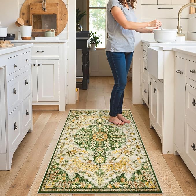 Lahome Bohemian Floral Medallion Area Rug - 3x5 Soft Rug for Bedroom Living Room Mat, Cute Washable Indoor Floor Throw Carpet for Office Entry Way Apartment Dressing Room RV, Yellow/Green/Multi