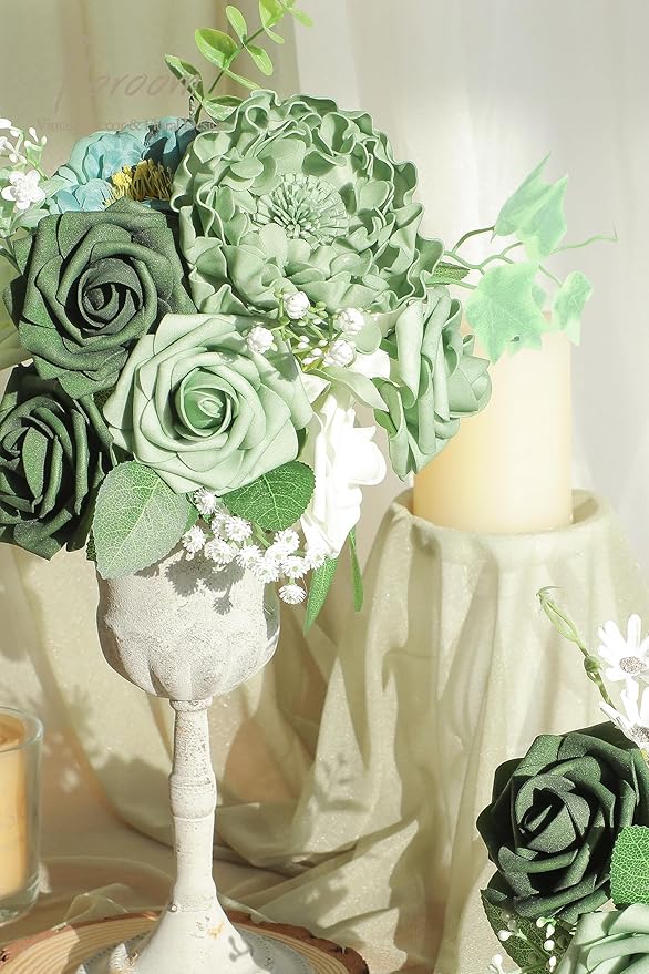 Floroom Artificial Flowers 16pcs 4" Elf Green Blooming Peonies Real Looking Foam Fake Peony with Stems for DIY Wedding Bouquets Sage Green Bridal Shower Centerpiece Floral Arrangement Table Decoration