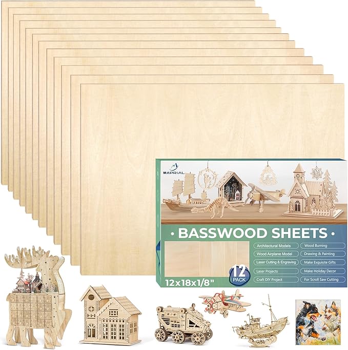 12 Pack 12x18x1/8 Inch Basswood Sheets, MAPRIAL Smooth 3mm Plywood for Laser Cutting, Unfinished Wood Board for Engraving, Wood Burning, Painting, Crafts, Ornaments, Models, Cutter, Engraver, Gifts
