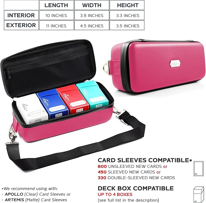 Quiver Time Pink Bolt Card Carrying Case fits Pokemon Cards and other TCG Games - Storage Bag for Playing/Trading Cards and Deck Box (Straps, Dividers & 100 Apollo Card Sleeves)