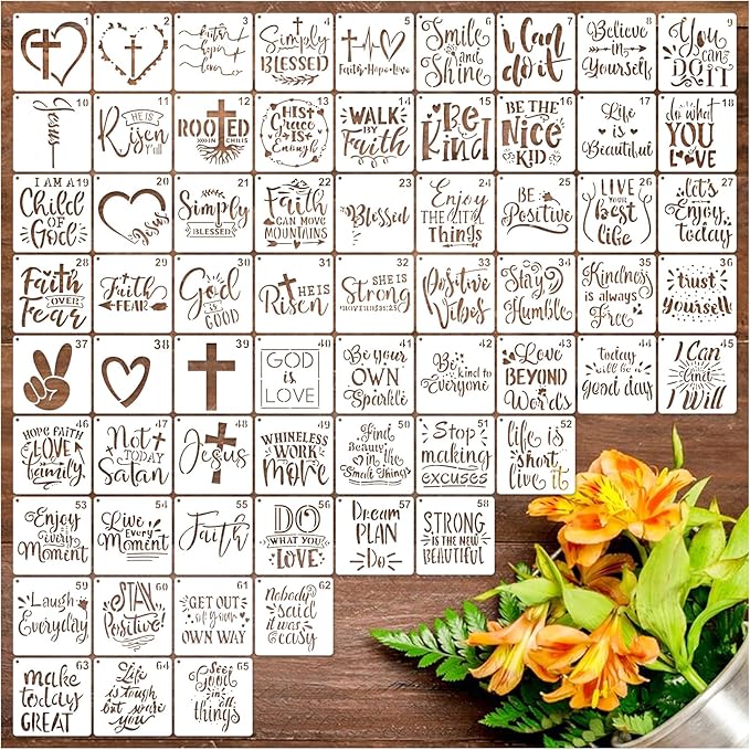 65Pcs Small Stencils for Painting on Wood Reusable, 3 Inch Reusable Stencil for Craft Ornament Paint Template Stencils for Wall Card Rock Wood Signs Coasters Canvas Home Decor (Bible Words)