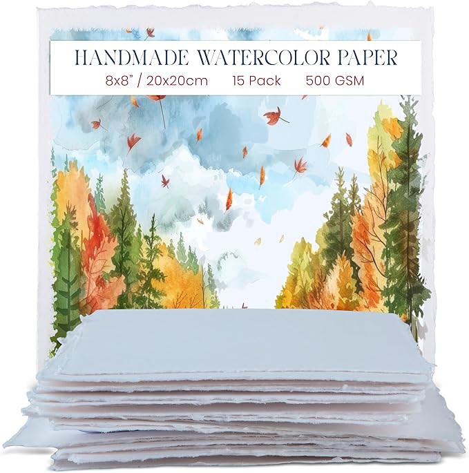 Wanderings Thick Handmade Watercolor Paper with Deckled Edge - 8"x8" - 500GSM Premium Painting Paper White Cold Press Watercolor Paper Textured Mixed Media Paper Made with Recycled Cotton - 15 Sheets