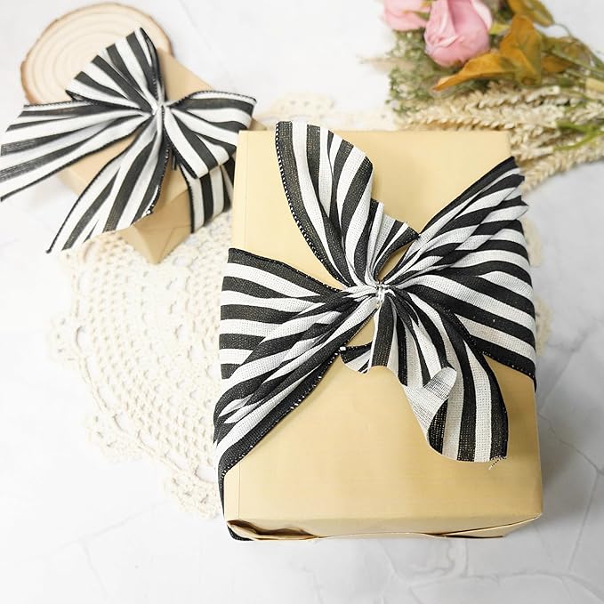 CT CRAFT LLC Striped Canvas Cotton Ribbon 4" x 10 Yards Ivory/Black Stripes for Thanksgiving Christmas Home Décor Gift Wrapping Outdoor Tree Topper Bow Wreath
