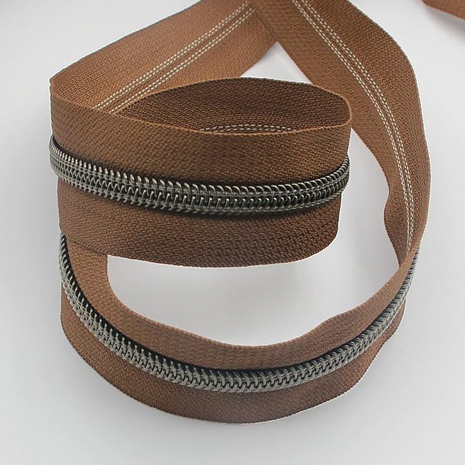 Leekayer #5 Antique Brass Metallic Nylon Coil Zippers by The Yard Bulk 10 Yards (Brown Tape with 25pcs Brass Sliders for DIY Sewing Tailor Craft Bag(Brown)