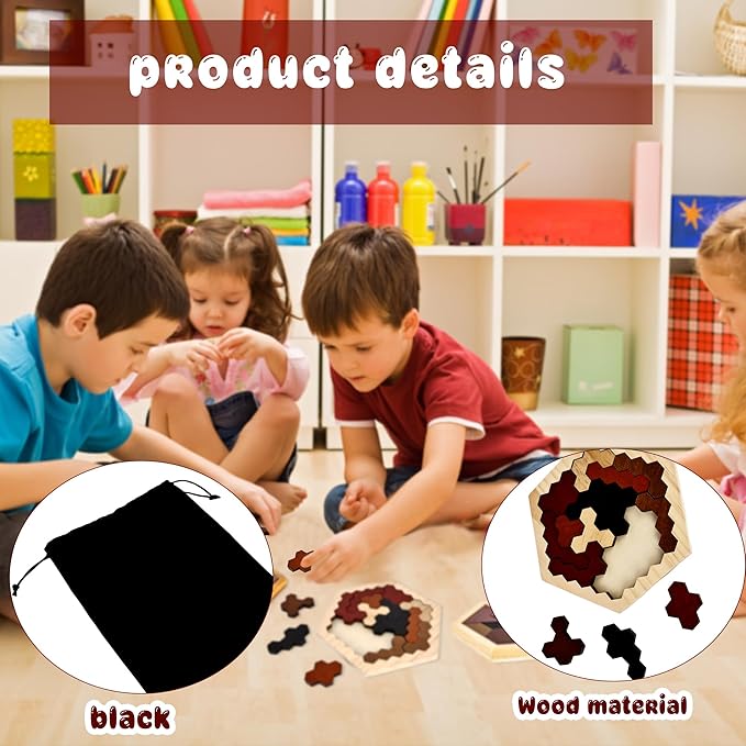 6 Pack Wooden Hexagon Tangram Puzzle Wood Tangram Block Puzzle Set with Storage Bag for Challenge Intelligence Teasers Logic Mind Game