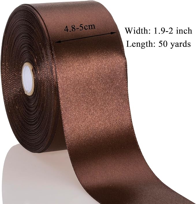 2 Inch Brown Solid Satin Ribbon, 50 Yards Craft Fabric Ribbon for Gift Wrapping Floral Bouquets Wedding Party Decoration
