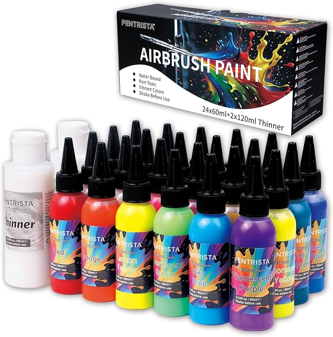 PENTRISTA 24-Color Airbrush Paint Set (60 ml/2.03 oz)with 2 Thinner - Ultra-Smooth Flow Air Brush Paints,Non-Toxic & Quick-Drying Formula Acrylic Airbrush Paint Kit for Art Crafts Hobbyist and Artists