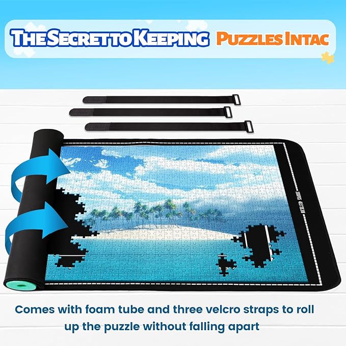 Jigsaw Puzzle Mat Roll Up, Portable Saver Pad 53” x 35” Up to 3000 Pieces, Puzzle Matt Rollup with Non-Slip Rubber Bottom & Smooth Top. (6 Sorting Trays & 1 Storage Bag)