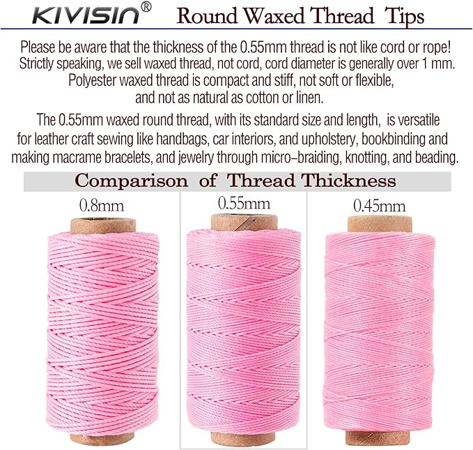 0.55mm Bonded Round Waxed Polyester Thread 76 Yards Each, 12 Rainbow Color Wax Coated String Thin Cord for Micro Macrame, Bracelets Braided, Leather Sewing, Stitching, Beading and Bookbinding