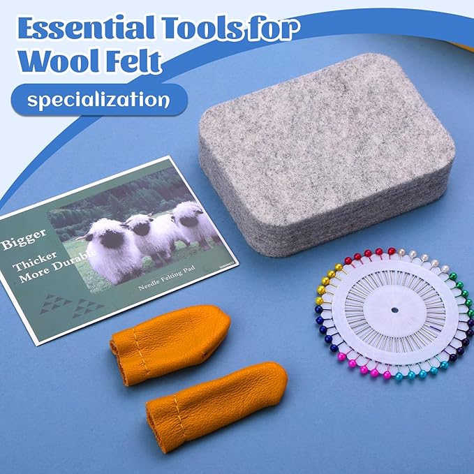 Needle Felting Mat, Needle Felting Tools, 4.6x3.3x1 inch Natural Felting Wool Mat, Felting Pad, Needle Felting Supplies, with Finger Cots and 40 Straight Pins, Felt Pad for Making Felting Crafts