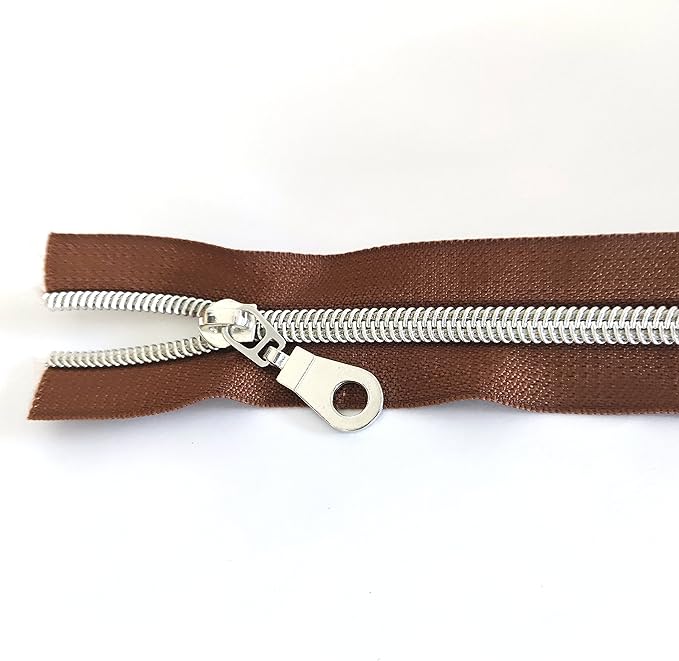 Leekayer #5 Metallic Silver Nylon Coil Zippers by The Yard Bulk 10 Yards Brown Zipper Tape with 25pcs Silver Sliders for DIY Sewing Tailor Craft Bag(Brown)