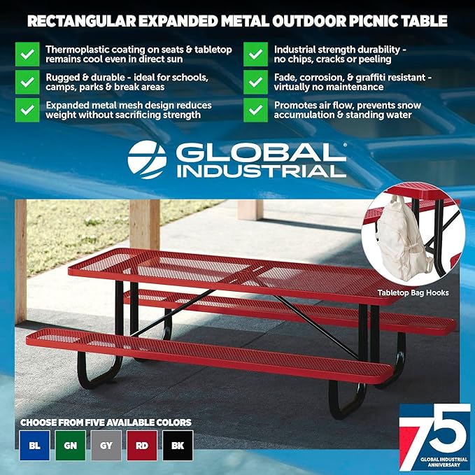Global Industrial 6’L Rectangular Picnic Table, Expanded Metal, Black Thermoplastic Coating, Attached Benches, 1-1/2” Umbrella Pole Hole, Outdoor-Rated, 1000 lb Capacity, 72” x 30” Tabletop